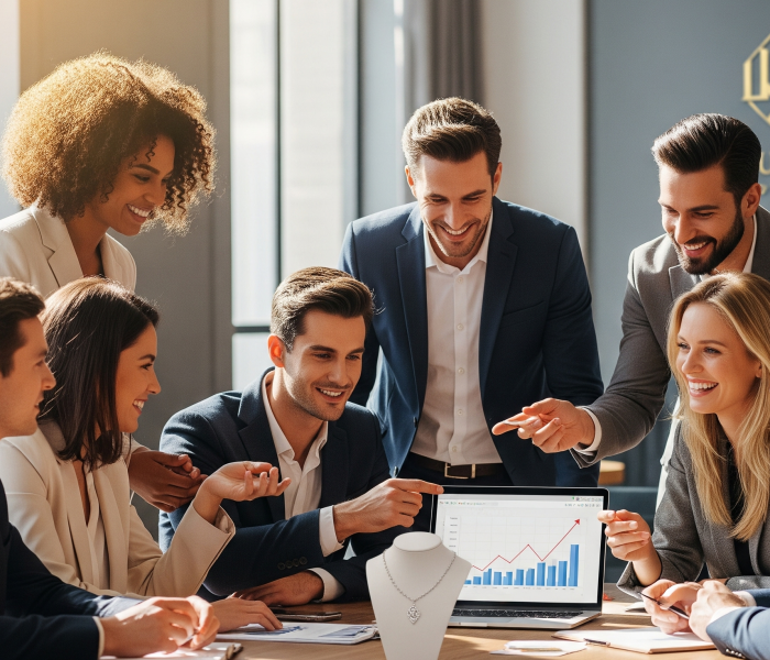 A diverse group of seven luxury entrepreneurs collaborating in a high-end office, looking at a laptop with a successful sales graph and a piece of jewelry on the table.