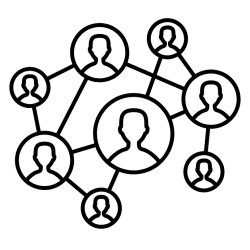 An icon of people connected by lines, representing a dynamic networking community and peer-to-peer support.