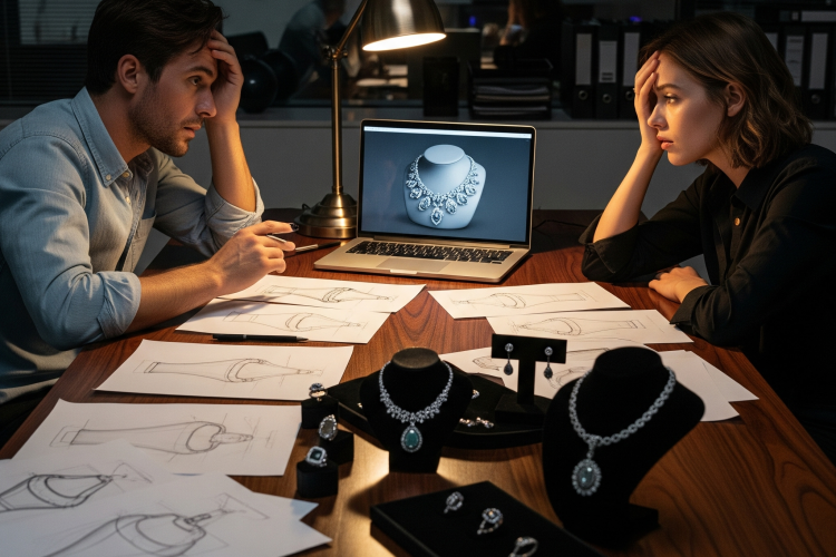 A man and woman looking exhausted while working on jewelry designs late at night, symbolizing the hard work and struggle of entrepreneurs.