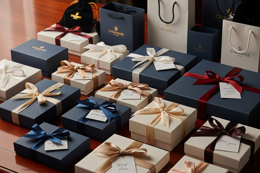 Many luxury jewelry orders in high-end branded packaging, tied with ribbons and ready to be shipped.