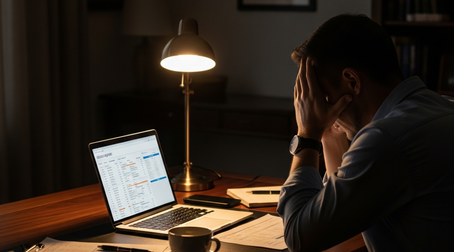 An entrepreneur looking at a sales report with a contemplative and slightly frustrated expression, representing the struggle of inconsistent business growth.
